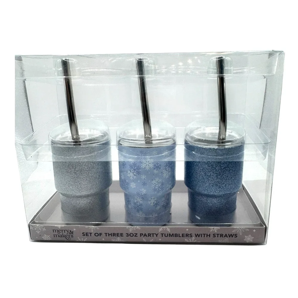Merry Makers 3oz Mini Party Tumbler Set of 3‎ Stainless Steel Blue Silver G72Q